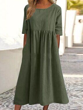 2/$45 NWT Green Cotton Blend Midi Dress Boho Pleated Pocket Short Sleeve XL